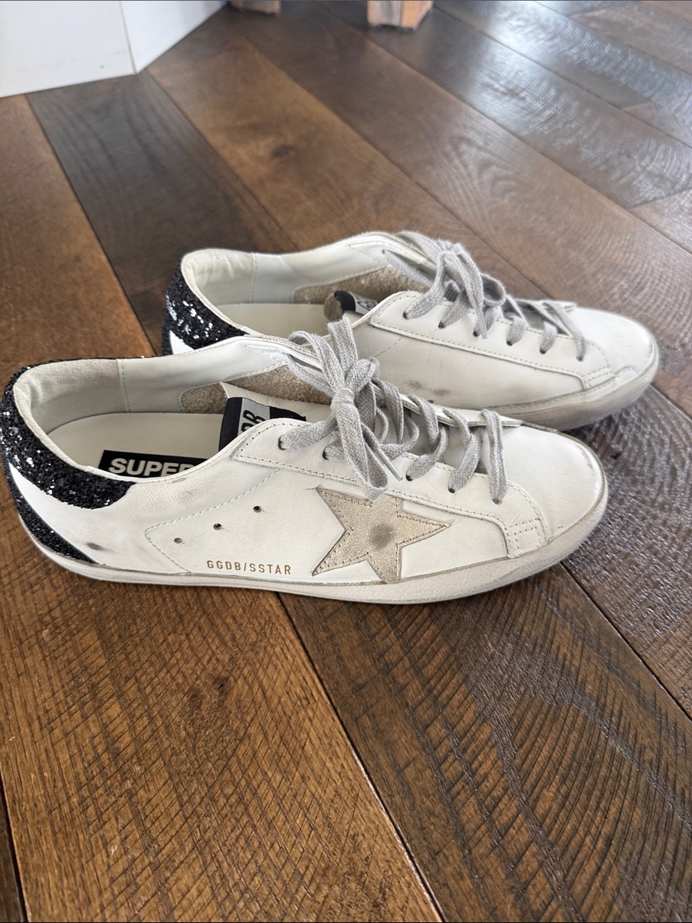 Golden Goose White Leather Low-Top Sneakers with Black Glitter Heel